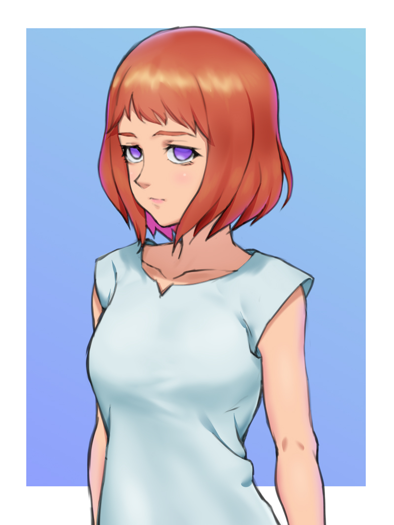 1girl, bad_id, bad_pixiv_id, blue_background, breasts, chobi_kuma, collarbone, commentary