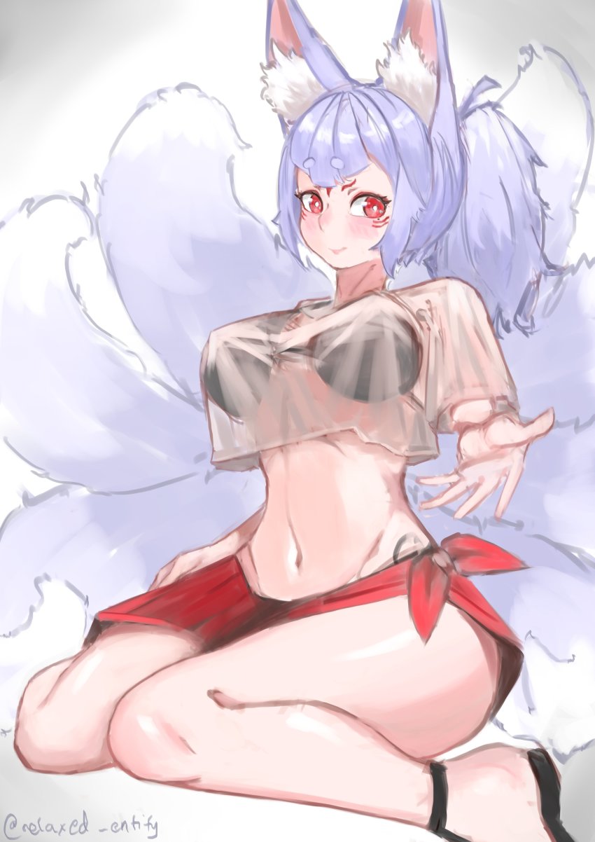 1girl, absurdres, alternate_hairstyle, animal_ears, bikini, breasts, facial_mark, fox_ears, fox_girl, fox_tail, highres, large_breasts, light_purple_hair, multiple_tails, nijisanji, nijisanji_en, nina_kosaka, ponytail, red_eyes, relaxed_entity, see-through_clothes, shirt, silver_hair, sitting, solo, swimsuit, t-shirt, tail, virtual_youtuber, wariza