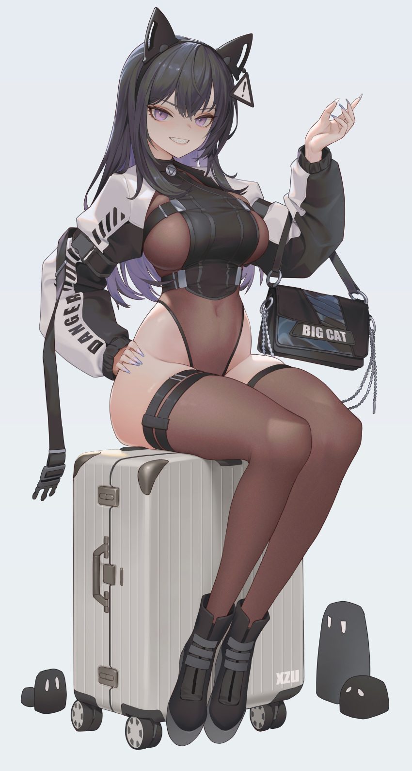 1girl, absurdres, animal_ears, ankle_boots, arm_belt, artist_name, bag, black_boots
