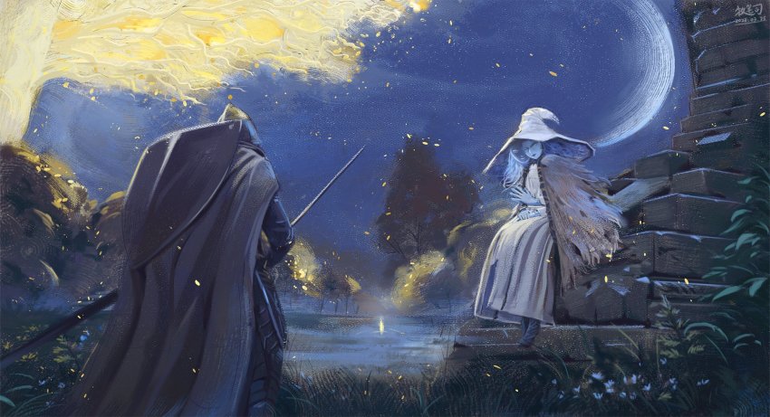 1boy, 1girl, blue_skin, cape, cloak, closed_mouth, colored_skin, crescent_moon