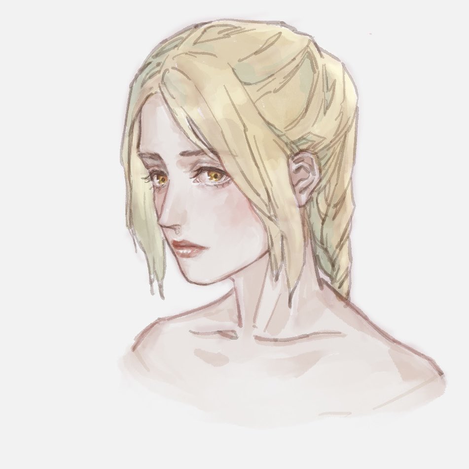 1girl, blonde_hair, braid, closed_mouth, completely_nude, copyright_request, long_hair, looking_at_viewer