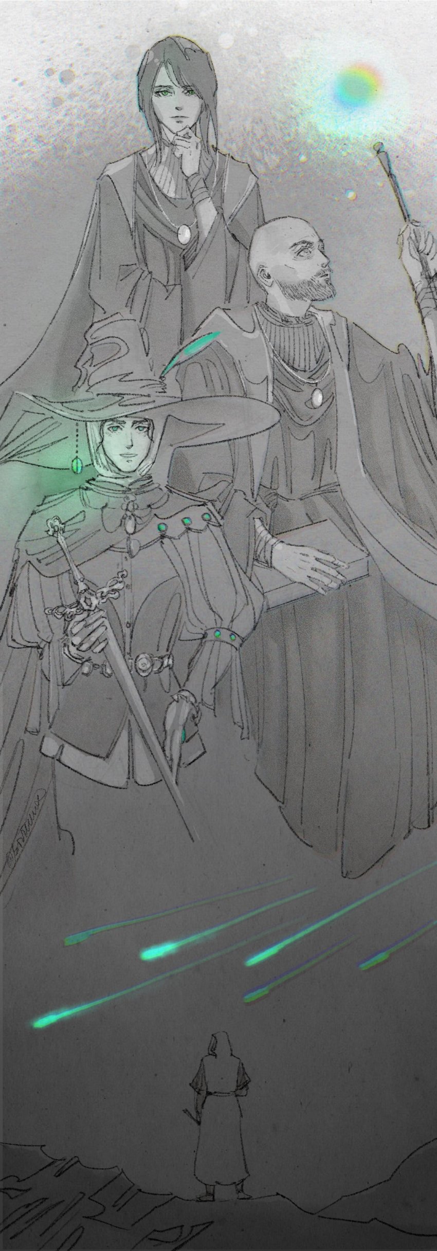 1girl, 1other, 2boys, absurdres, astrologer_(elden_ring), bald, beard, cape