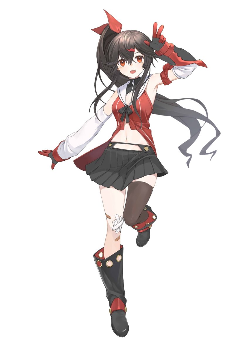 1girl, alchemy_stars, armband, bandaid, bandaid_on_knee, bandaid_on_leg, black_boots, black_hair