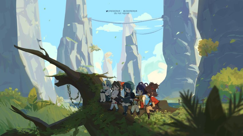 2boys, 3girls, absurdres, ahoge, blue_hair, blue_sky, blush, book