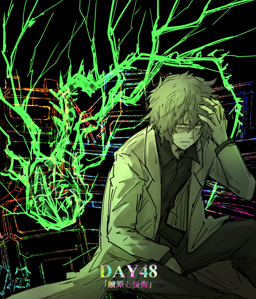 1boy, abram_(project_moon), bags_under_eyes, black_pants, black_shirt, frown, grey_hair, hand_in_own_hair, kankan33333, lab_coat, lobotomy_corporation, looking_at_viewer, nervous_system, pants, project_moon, shirt, short_hair, sitting, sketch, solo, tired, unkempt, yellow_eyes