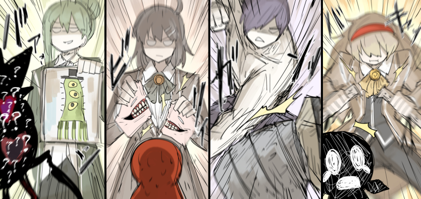 >:(, 2boys, 2girls, :i, ?, ahoge, bad_id, bad_pixiv_id