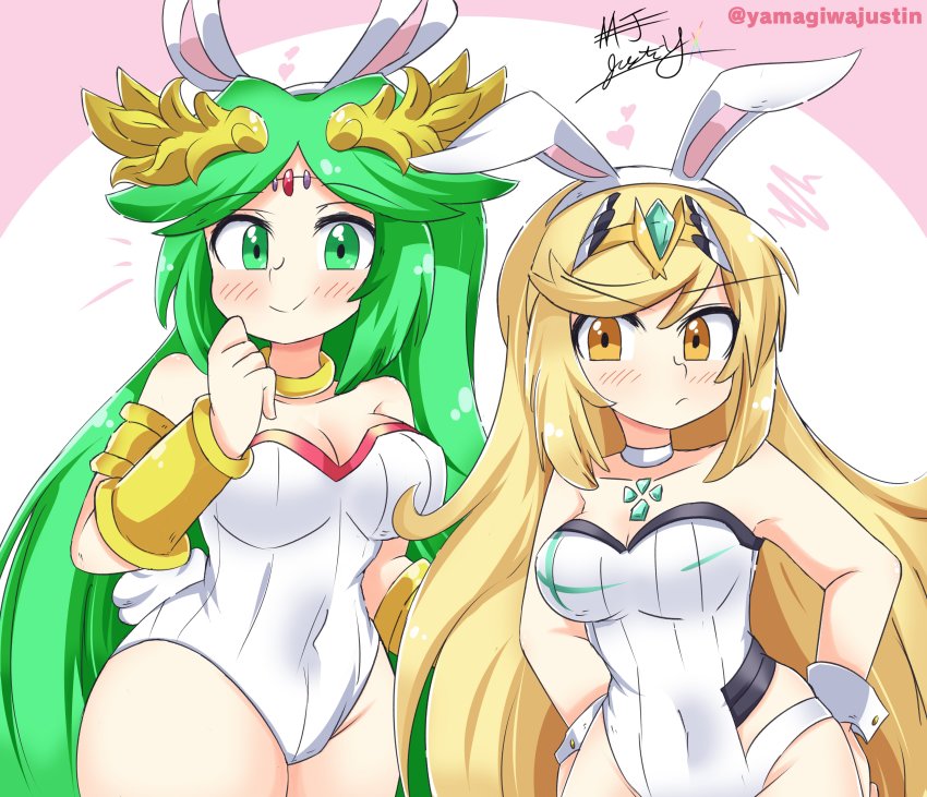 2girls, absurdres, animal_ears, blonde_hair, breasts, chest_jewel, crossover, fake_animal_ears, green_eyes, green_hair, highres, kid_icarus, large_breasts, leotard, long_hair, multiple_girls, mythra_(radiant_beach)_(xenoblade), mythra_(xenoblade), nintendo, palutena, playboy_bunny, rabbit_ears, strapless, strapless_leotard, super_smash_bros., swept_bangs, undefined, very_long_hair, xenoblade_chronicles_(series), xenoblade_chronicles_2, yamagiwajustin, yellow_eyes