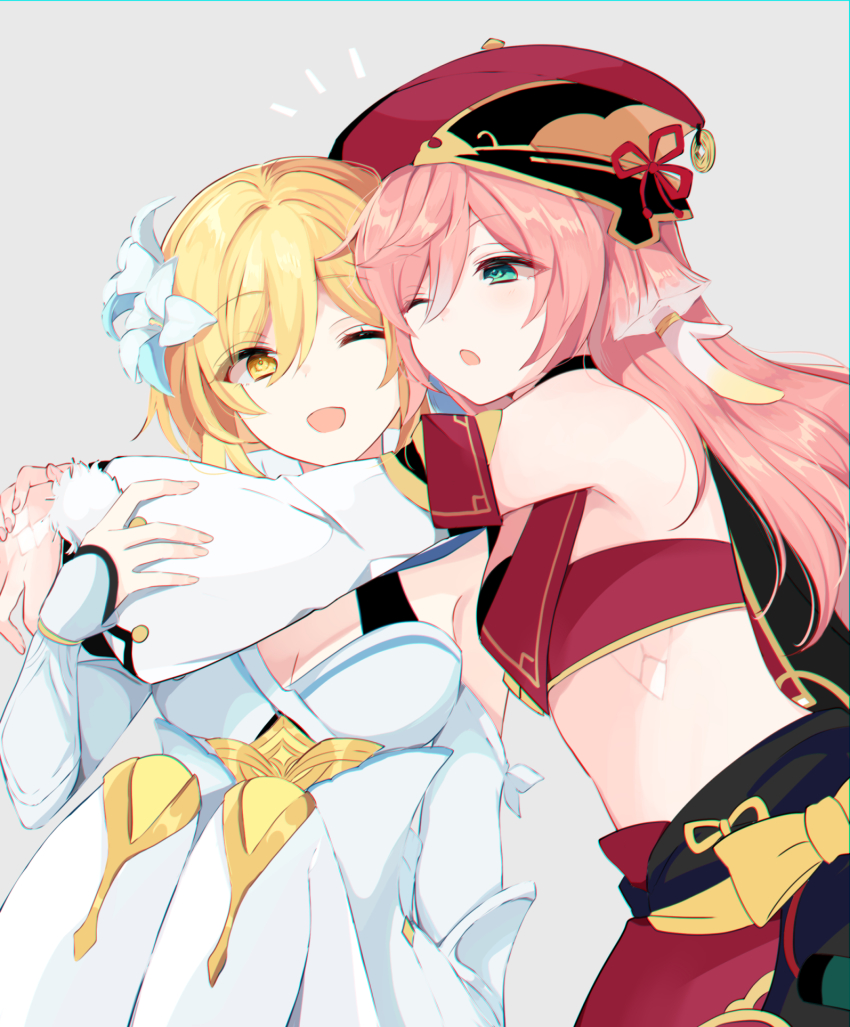 2girls, antlers, bare_shoulders, blonde_hair, bow, breasts, cleavage, dress