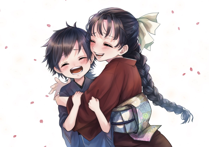 1boy, 1girl, ^_^, absurdres, aged_down, black_hair, blue_kimono, braid