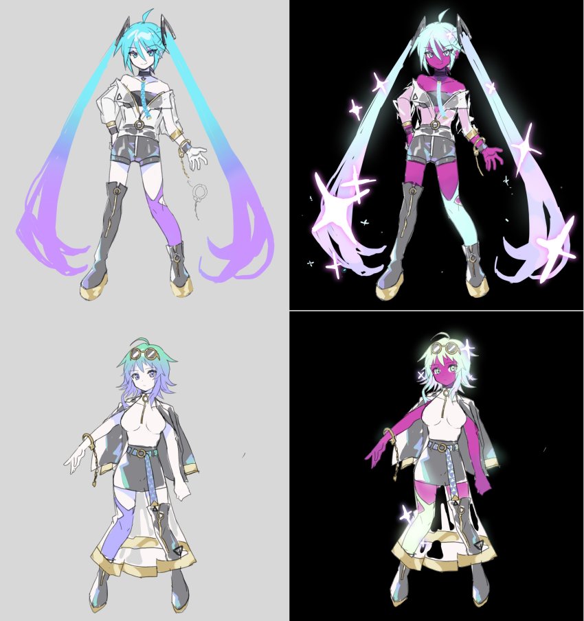 2girls, absurdres, asymmetrical_footwear, black_footwear, black_shorts, black_skirt, black_tube_top, blue_hair, boots, breasts, collarbone, colored_skin, cuffs, eyewear_on_head, getcha!_(vocaloid), gradient_hair, gumi, handcuffs, hatsune_miku, highres, jacket, long_hair, medium_breasts, mismatched_footwear, miwasiba, multicolored_hair, multiple_girls, off_shoulder, official_art, open_hand, pink_skin, production_art, purple_hair, see-through_clothes, see-through_jacket, short_hair, shorts, single_thigh_boot, skirt, strapless, sunglasses, thigh_boots, thighhighs, tube_top, twintails, very_long_hair, vocaloid