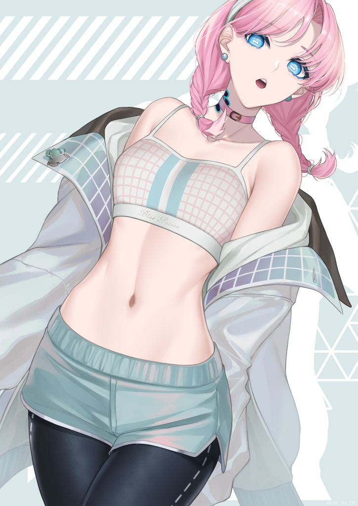 1girl, arknights, black_pants, blue_eyes, blue_poison_(arknights), blue_poison_(shoal_beat)_(arknights), blue_shorts, body_markings, bra, braid, breasts, choker, colored_eyelashes, commentary, cowboy_shot, dolphin_shorts, drop_shadow, earrings, grey_background, hairband, jacket, jewelry, looking_at_viewer, medium_breasts, medium_hair, navel, off_shoulder, official_alternate_costume, open_clothes, open_jacket, open_mouth, pants, pants_under_shorts, parted_bangs, pink_choker, pink_hair, roki_(shouka65), short_shorts, shorts, solo, sports_bra, stomach, symbol-shaped_pupils, tight_clothes, tight_pants, twin_braids, twintails, underwear, white_bra, white_hairband, white_jacket