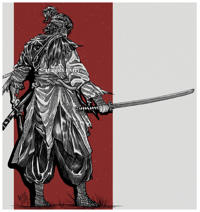 1boy, aurora_unity, blindfold, commission, from_behind, hakama, hakama_pants, high_ponytail