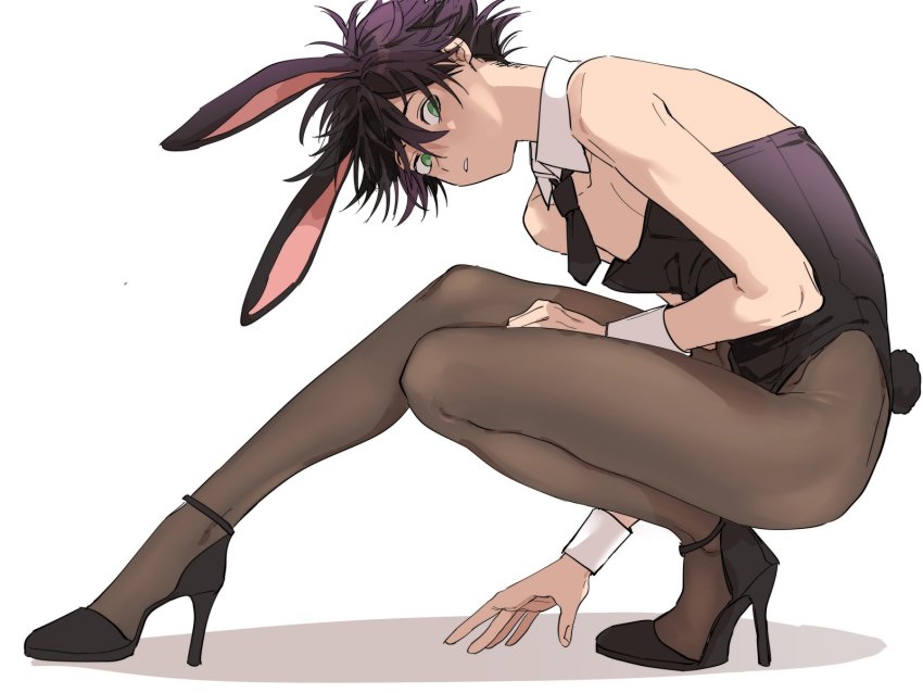 1boy, alternate_costume, animal_ears, bare_shoulders, black_bow, black_footwear, black_hair, black_leotard, black_necktie, black_pantyhose, bow, commentary, crossdressing, crossdressing_(mtf), detached_collar, full_body, fushiguro_megumi, green_eyes, hair_between_eyes, high_heels, highres, jujutsu_kaisen, leotard, looking_at_viewer, m167cm, male_focus, male_playboy_bunny, necktie, outstretched_leg, pantyhose, parted_lips, rabbit_ears, rabbit_tail, shadow, short_hair, simple_background, solo, spiked_hair, squatting, strapless, strapless_leotard, untranslatable_commentary, tail, white_background, wrist_cuffs