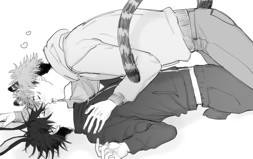 2boys, animal_ears, blush, boy_on_top, closed_eyes, drawstring, facial_mark, from_side