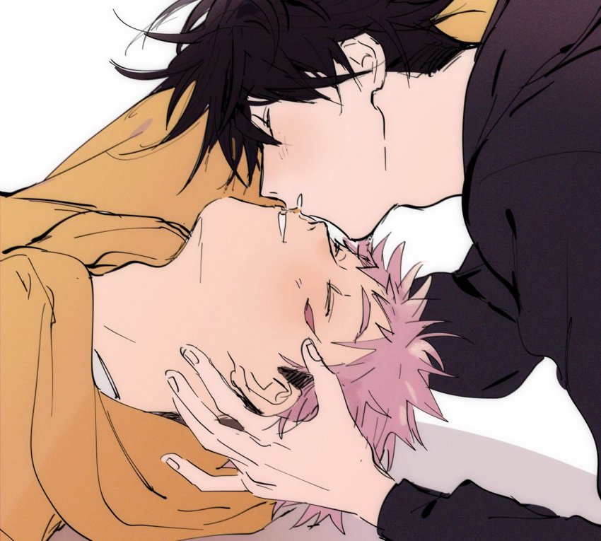 2boys, black_hair, black_hoodie, blush, closed_eyes, facial_mark, fushiguro_megumi, hair_between_eyes