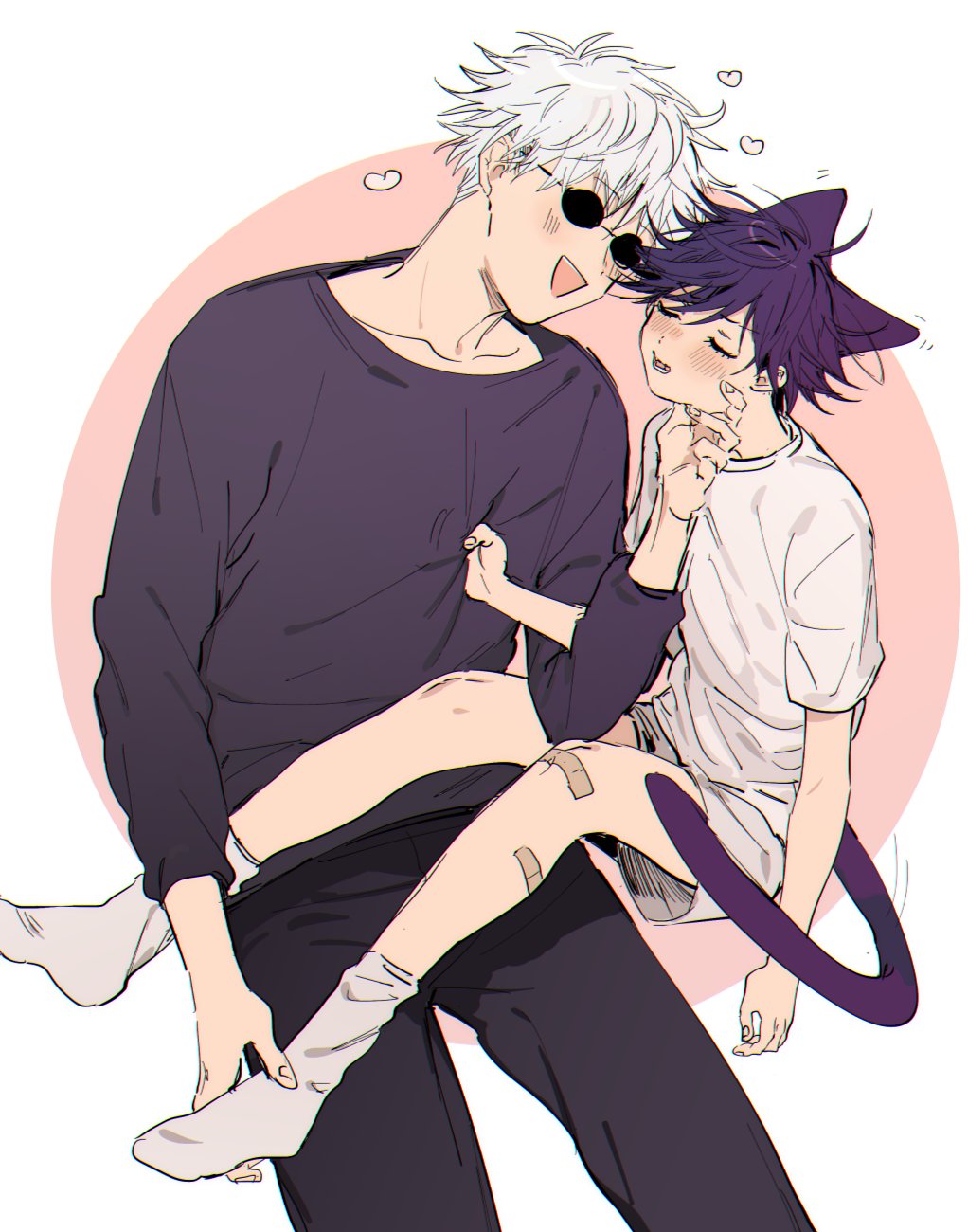 2boys, aged_down, animal_ears, bandaid, bandaid_on_knee, bandaid_on_leg, black_hair, blush