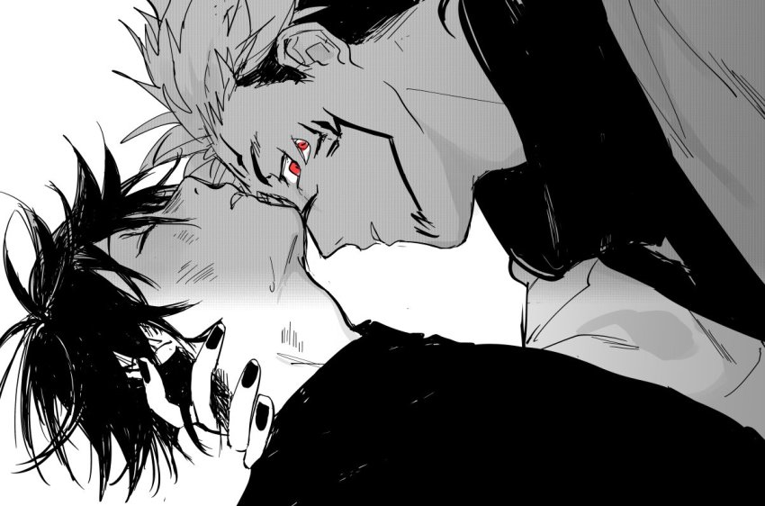 2boys, black_nails, bruise, extra_eyes, eye_focus, closed_eyes, facial_tattoo, fushiguro_megumi