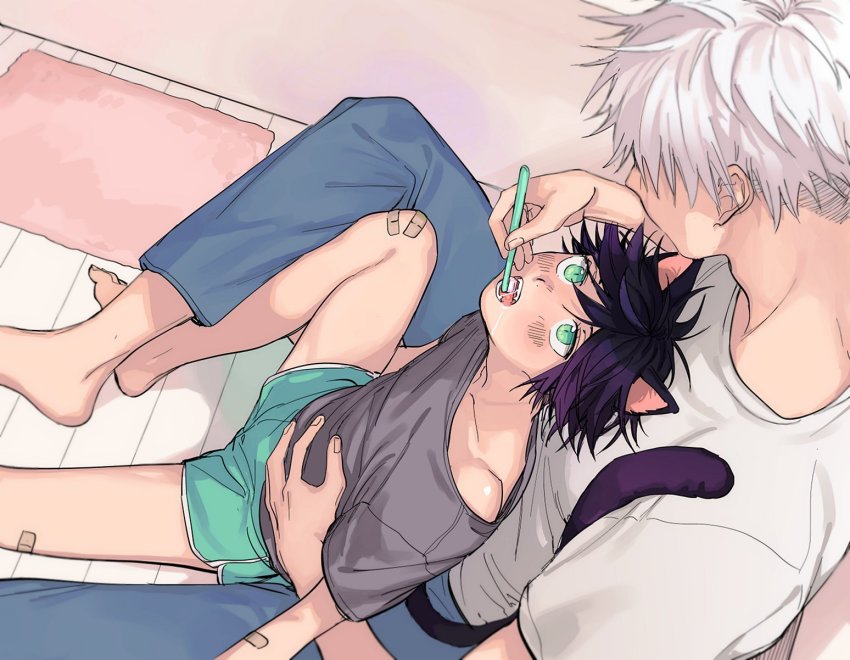 2boys, aged_down, animal_ears, aqua_shorts, bandaid, bandaid_on_arm, bandaid_on_knee, bandaid_on_leg, black_hair, blush, brushing_another's_teeth, brushing_teeth, cat_boy, cat_ears, cat_tail, fangs, fingernails, fushiguro_megumi, gojo_satoru, green_eyes, grey_shirt, highres, holding, holding_toothbrush, indoors, jujutsu_kaisen, looking_at_another, looking_up, m167cm, multiple_boys, on_floor, open_mouth, shirt, short_hair, short_sleeves, shorts, sitting, spiked_hair, tail, toothbrush, white_hair, white_shirt