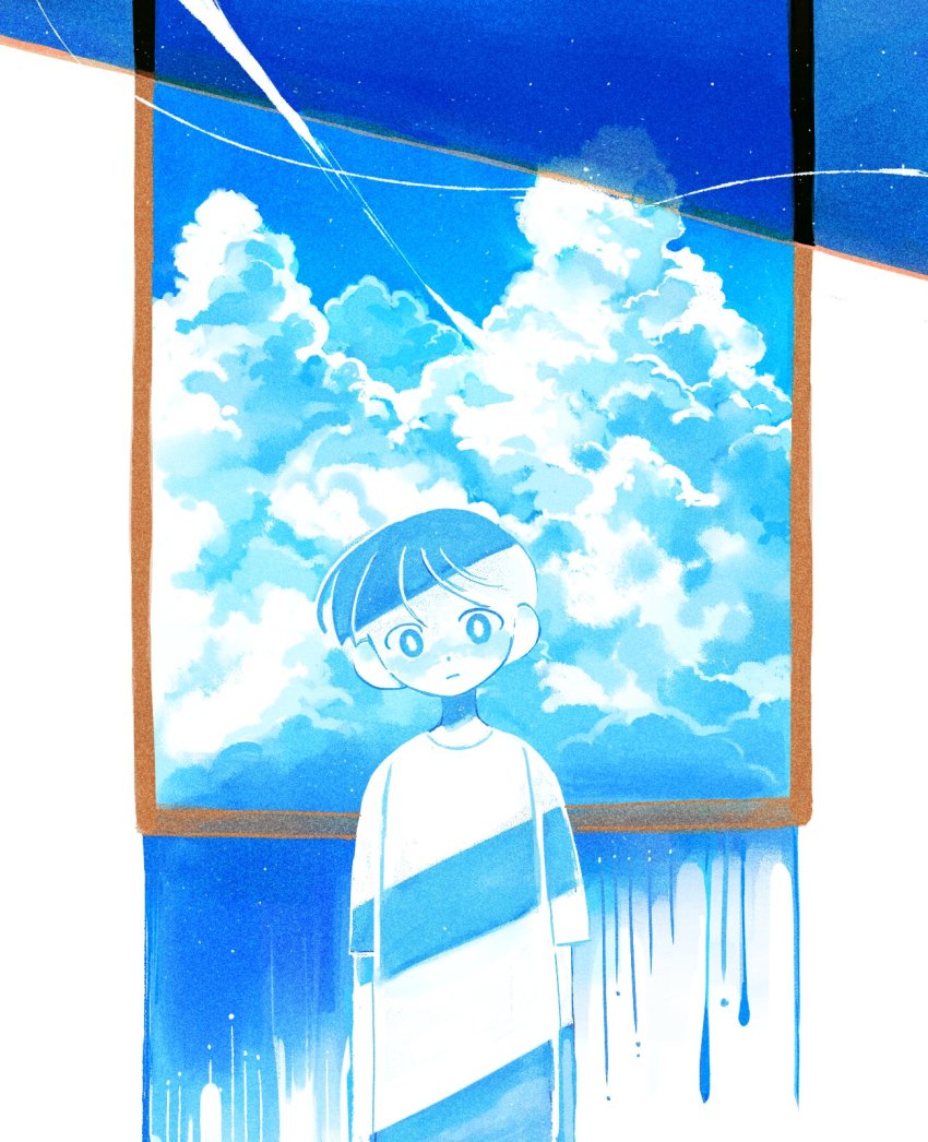 12anchovy, 1boy, blue_hair, blue_theme, bright_pupils, closed_mouth, cloud, cumulonimbus_cloud