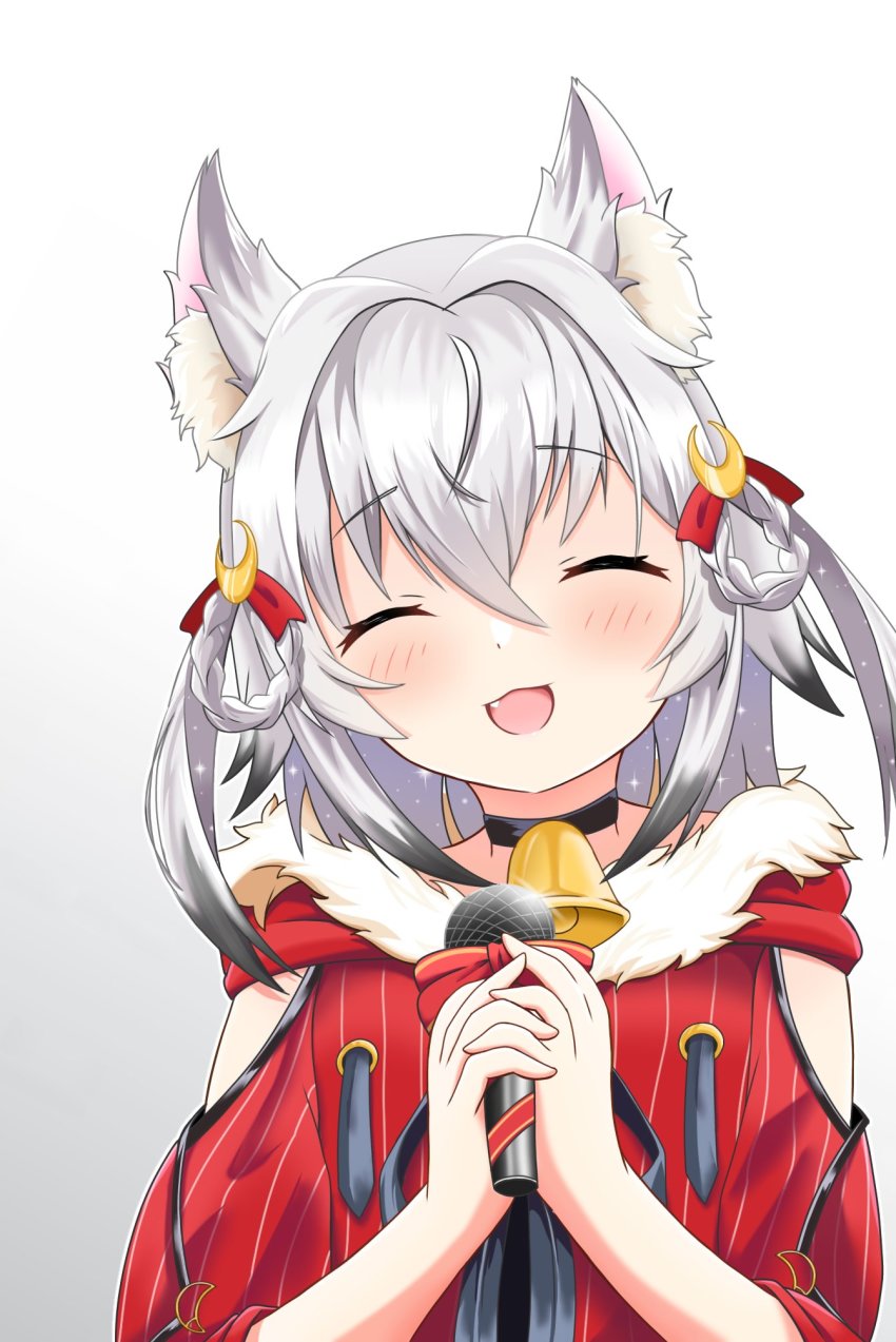 1girl, animal_ear_fluff, animal_ears, bell, black_hair, braid, braided_hair_rings, choker, closed_eyes, crescent_moon, fang, fur_trim, gloves, gradient_hair, hair_ornament, hair_ribbon, hair_rings, highres, kamizuki_naki, microphone, moon, moon_(ornament), multicolored_hair, music, neck_bell, notched_ear, prism_project, ribbon, silver_hair, singing, solo, the_k_art, unworn_gloves, virtual_youtuber, wolf_ears, wolf_girl