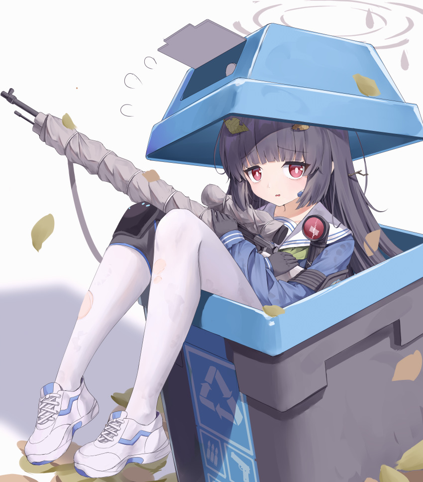 1girl, absurdres, arrow_(symbol), black_gloves, black_hair, blue_archive, blue_serafuku, bolt_action