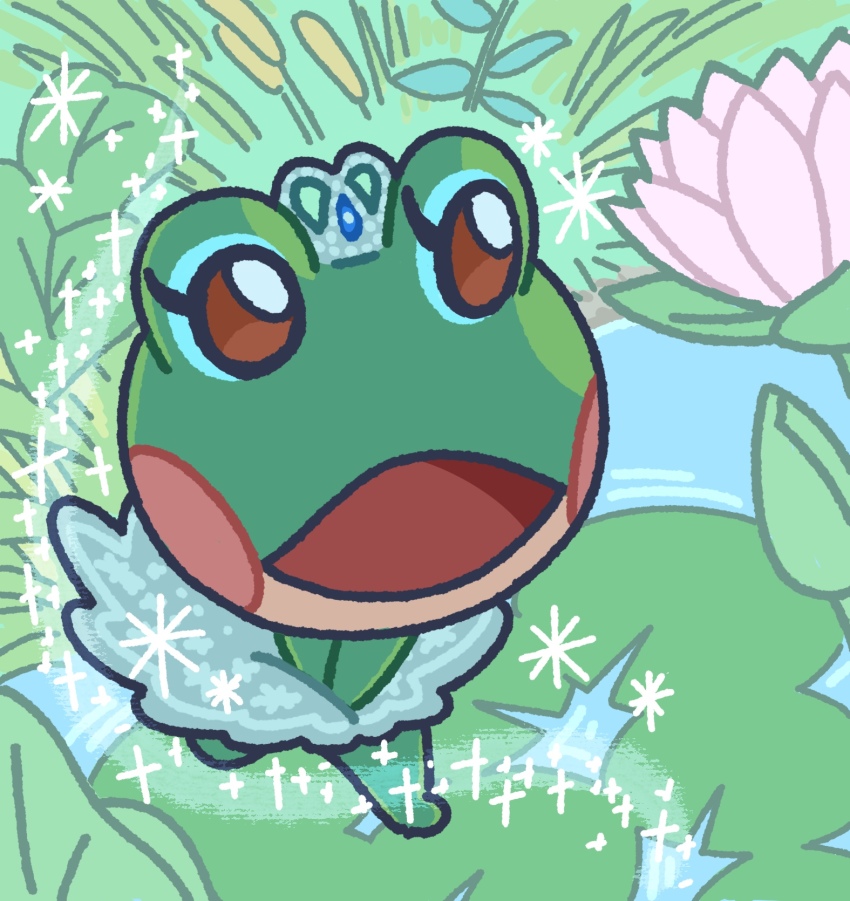 1girl, animal_crossing, frog, green_background, highres, kopa_nishikida, lily_(animal_crossing), lily_pad