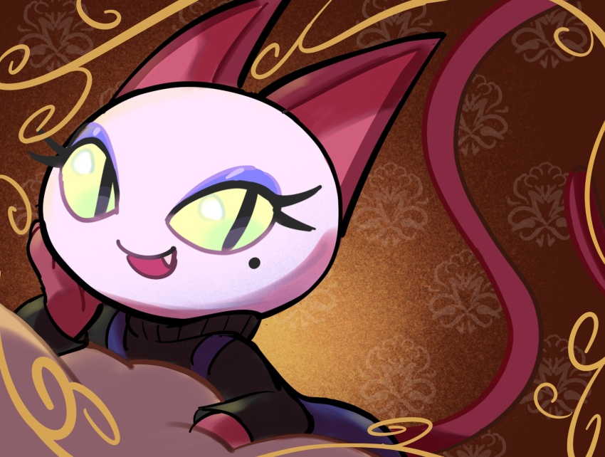 1girl, animal_crossing, brown_background, cat, fang, highres, kopa_nishikida, looking_at_viewer, looking_down, lying, nintendo, olivia_(animal_crossing), smile