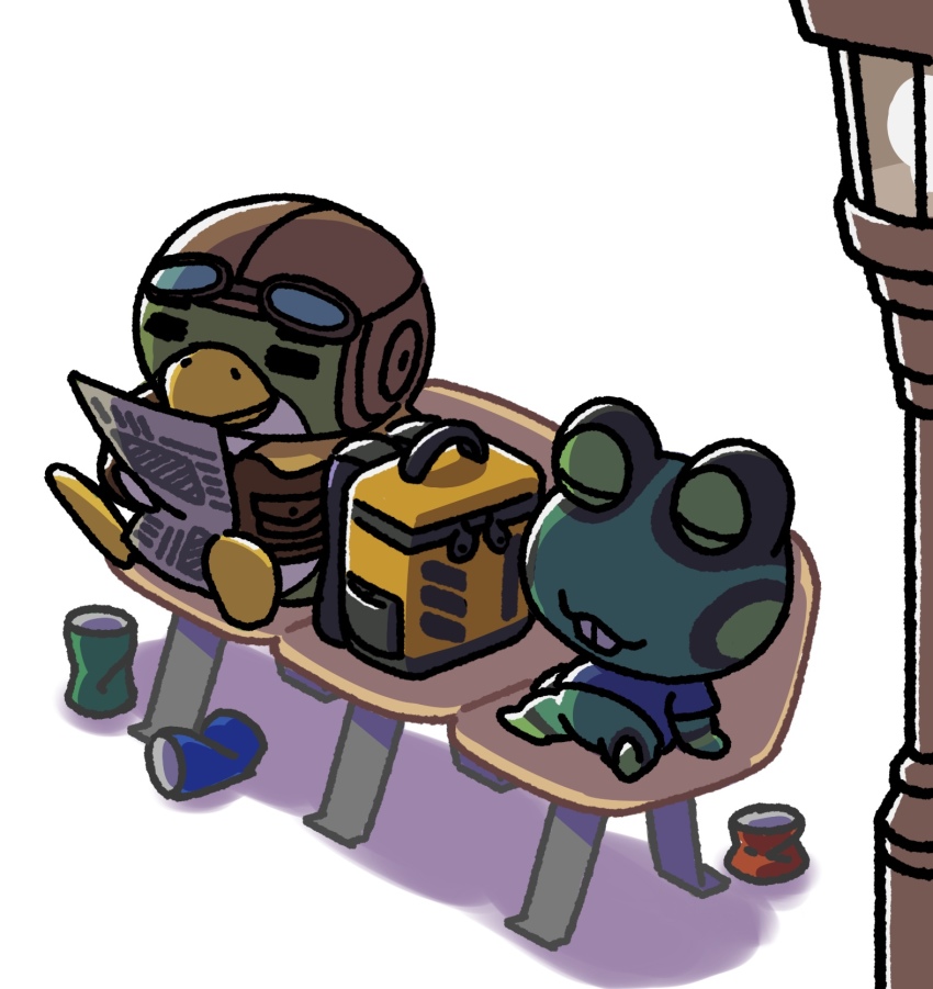 2boys, animal_crossing, bench, bird, boomer_(animal_crossing), can, frobert_(animal_crossing), frog, highres, kopa_nishikida, lamppost, multiple_boys, newspaper, nintendo, penguin, reading, simple_background, sitting, white_background