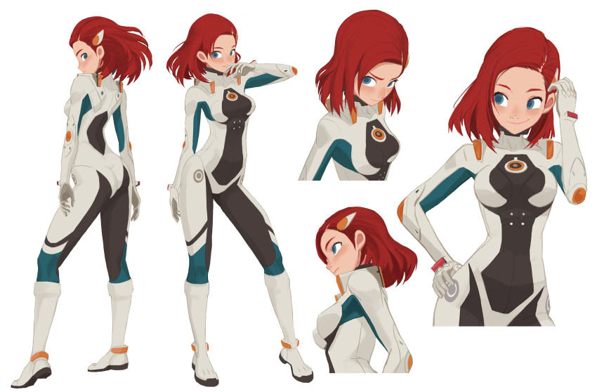 1girl, absurdres, ass, blue_eyes, blush, bodysuit, breasts, contrapposto, cowboy_shot, cropped_legs, from_below, from_side, hand_on_own_hip, hand_to_own_mouth, highres, hong_soon-sang, looking_at_viewer, medium_breasts, medium_hair, multiple_views, original, red_hair, smile, thighs