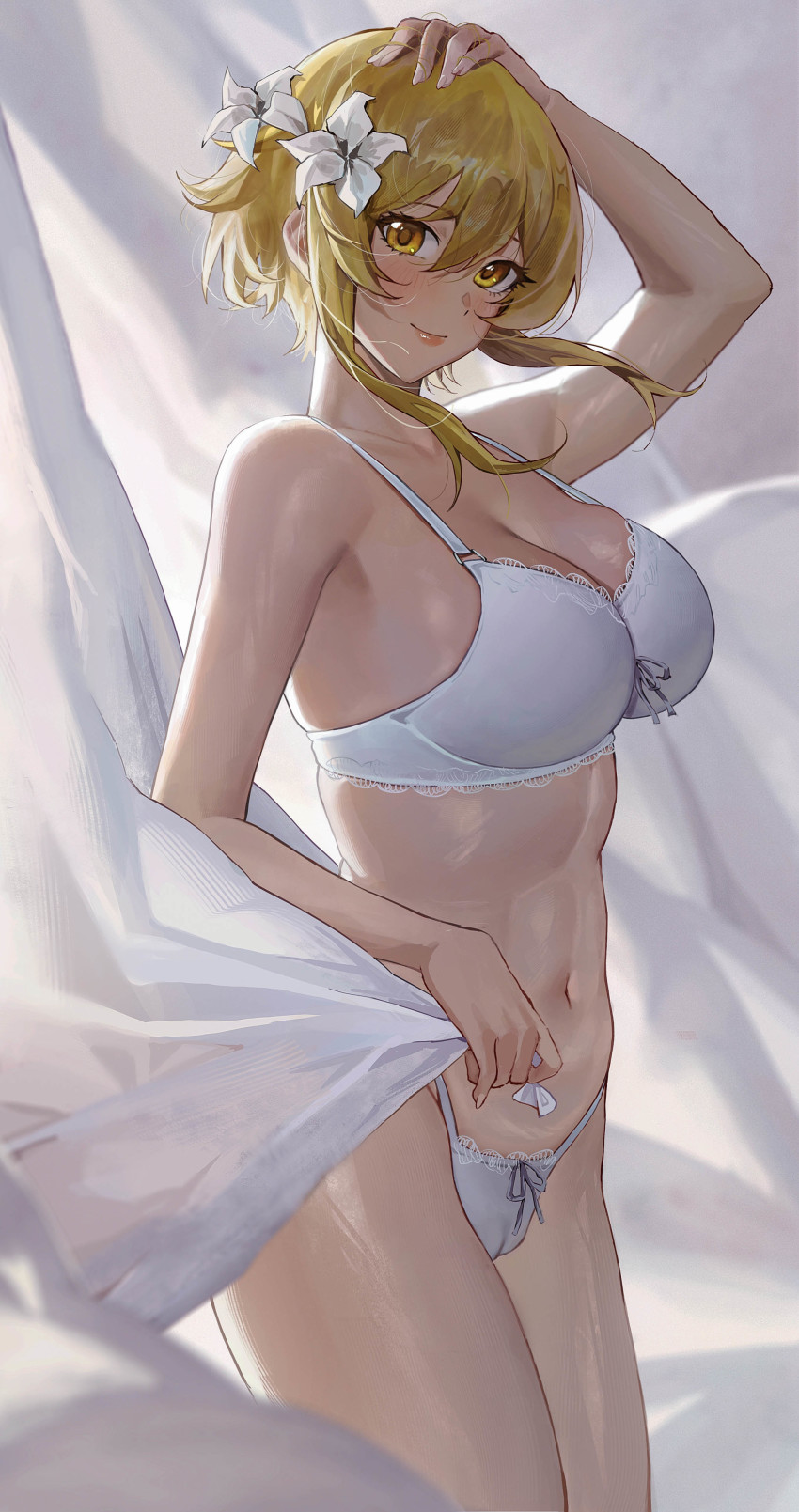 1girl, absurdres, blonde_hair, blush, breasts, cameltoe, cozyu, flower