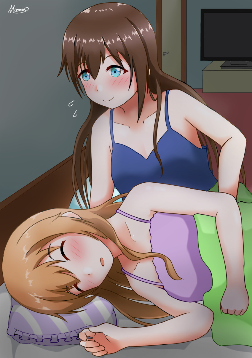 2girls, absurdres, aqua_eyes, artist_name, artist_request, bare_shoulders, bed, blue_eyes, blue_shirt, blush, breasts, brown_hair, closed_eyes, collarbone, door, female_focus, hair_between_eyes, hair_down, head_on_pillow, highres, indoors, konoe_kanata, long_hair, looking_at_viewer, love_live!, love_live!_nijigasaki_high_school_idol_club, mizunoe_illust, multiple_girls, nose_blush, on_bed, osaka_shizuku, parted_lips, pillow, pink_shirt, screen, shirt, sleeping, sleepy, small_breasts, smile, striped_pillow, sweatdrop