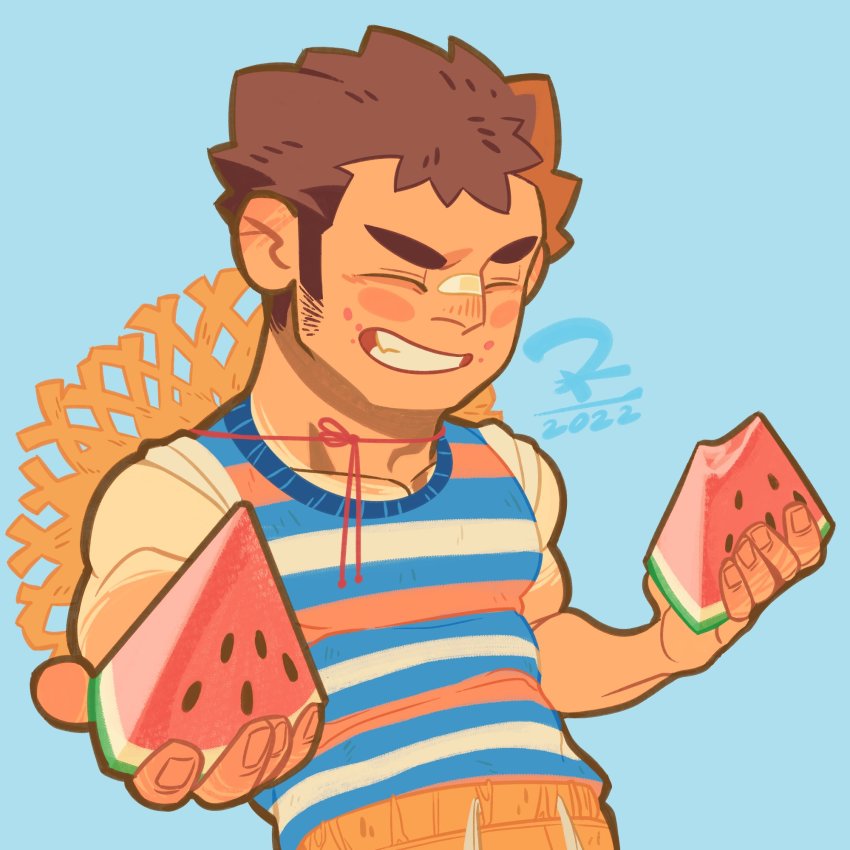 1boy, all_saints_street_(style), alternate_muscle_size, bandaid, bandaid_on_face, bandaid_on_nose, bara, blue_background, blue_shirt, blush_stickers, chibi, dk_(den_ai_d), food, fruit, hat, highres, holding, incoming_food, long_sideburns, male_focus, muscular, muscular_male, parody, pectorals, protagonist_1_(housamo), shirt, short_hair, sideburns, simple_background, solo, straw_hat, style_parody, thick_eyebrows, tokyo_houkago_summoners, upper_body, wansheng_jie, watermelon, watermelon_slice