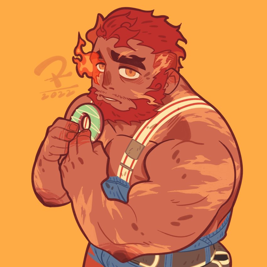 1boy, all_saints_street_(style), bara, bare_arms, beard, chibi, dark-skinned_male, dark_skin