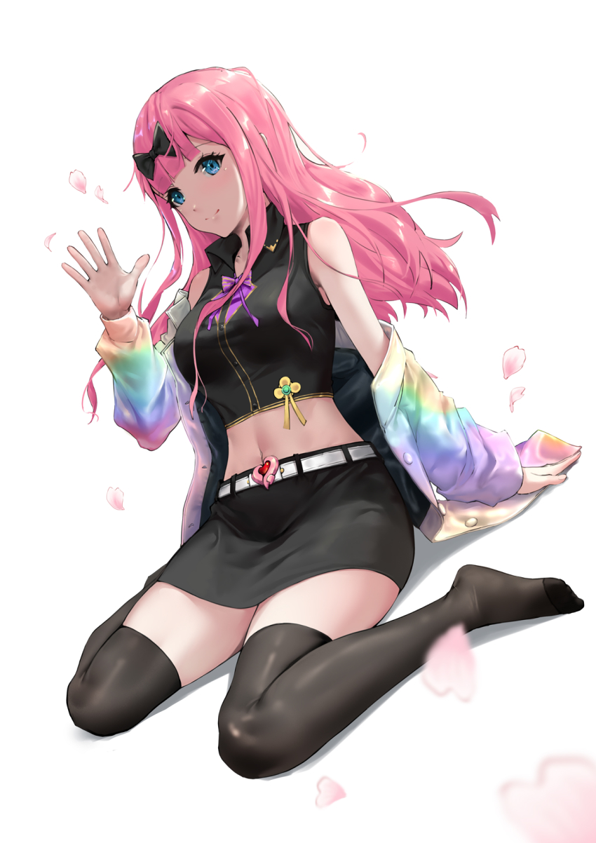 1girl, alternate_costume, bare_shoulders, black_bow, black_skirt, blue_eyes, bly-yuan, bow