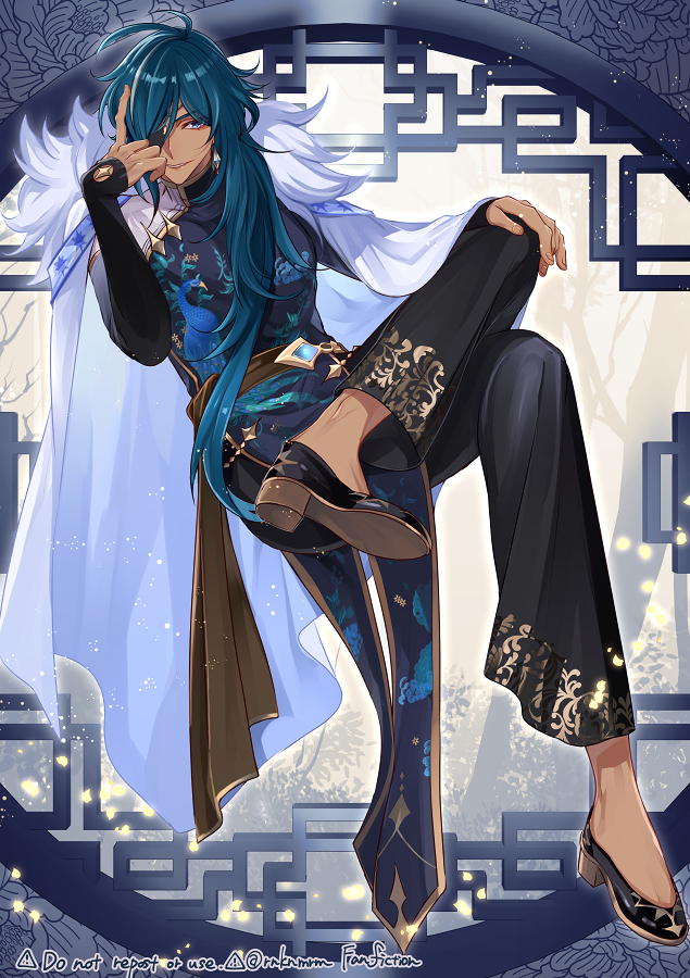 1boy, alternate_costume, antenna_hair, black_gloves, blue_eyes, blue_hair, china_dress, chinese_clothes