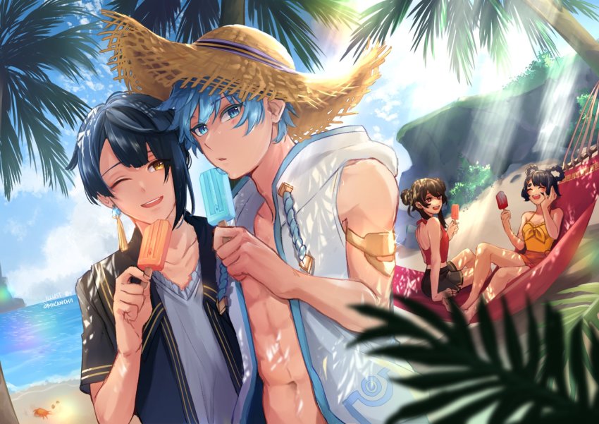 2boys, 2girls, blue_hair, chongyun_(genshin_impact), closed_eyes, food, genshin_impact, hat