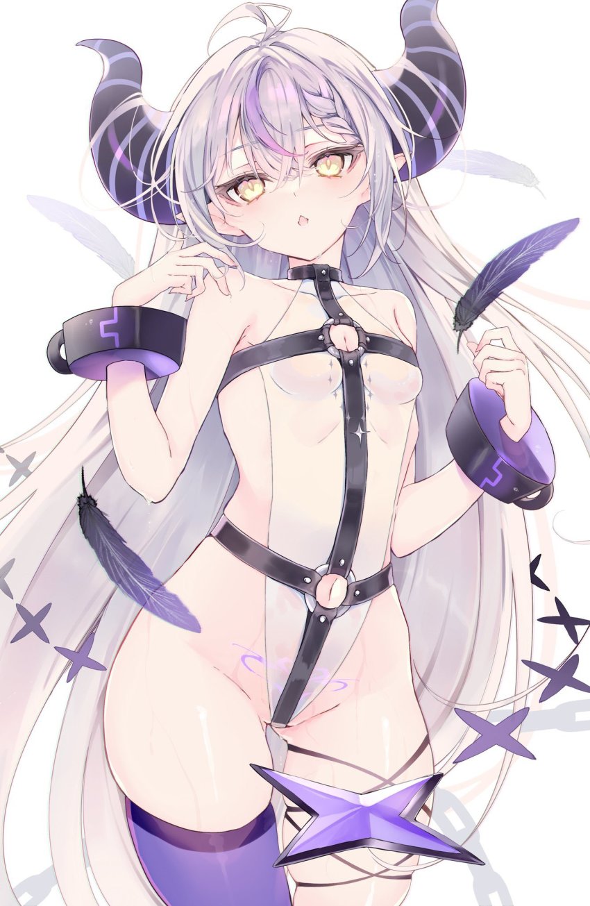 1girl, ahoge, bad_id, bad_twitter_id, braid, braided_bangs, breasts, chest_harness, clothing_cutout, crotch_strap, cuffs, demon_horns, feathers, groin, hair_between_eyes, harness, highres, hololive, horns, la+_darknesss, leotard, long_hair, looking_at_viewer, muzin_chan, navel, navel_cutout, parted_lips, pointy_ears, pubic_tattoo, purple_hair, purple_thighhighs, silver_hair, single_thighhigh, small_breasts, solo, street_fighter, striped_horns, tail, tattoo, thighhighs, thighs, very_long_hair, virtual_youtuber, white_leotard, yellow_eyes
