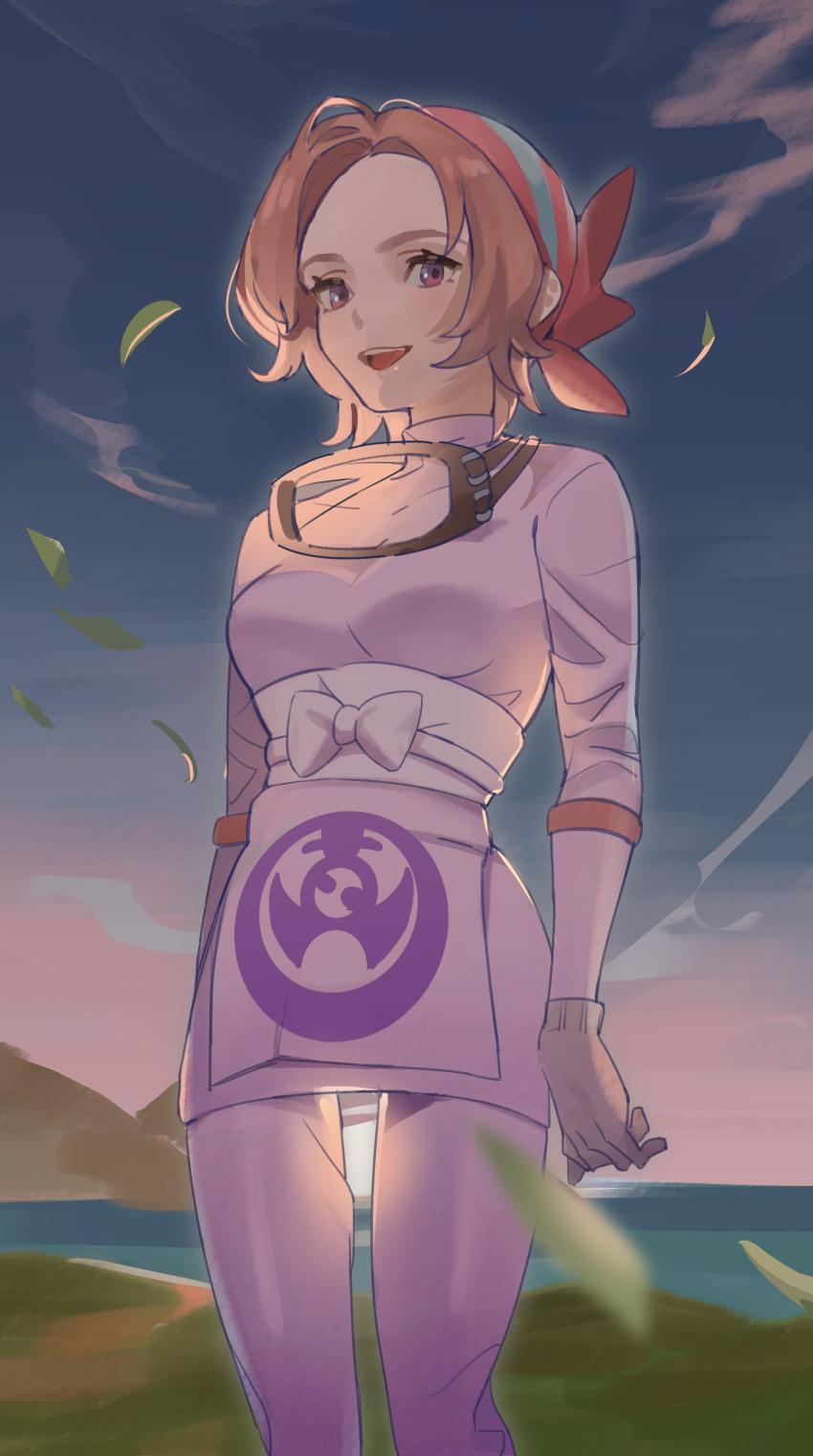 1girl, :d, absurdres, bandana, blurry, breasts, brown_hair, cloud