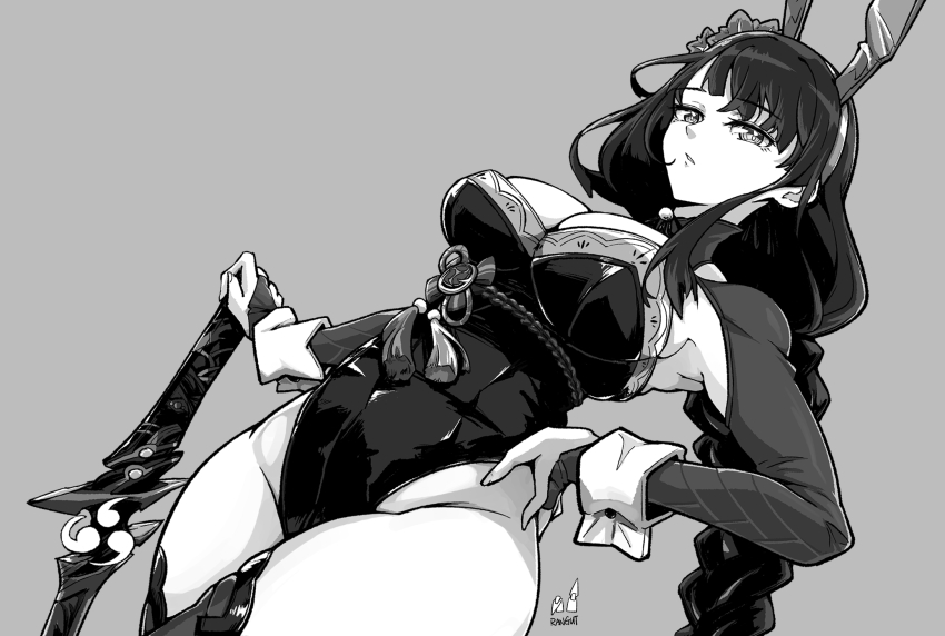1girl, animal_ears, artist_name, braid, breasts, bridal_gauntlets, cleavage, commentary, cowboy_shot, fake_animal_ears, from_below, genshin_impact, grey_background, greyscale, groin, hair_ornament, hand_on_hilt, hand_on_own_hip, highres, large_breasts, long_hair, long_sleeves, looking_at_viewer, looking_down, low-braided_long_hair, low-tied_long_hair, mole, mole_under_eye, monochrome, parted_lips, planted, planted_sword, planted_weapon, playboy_bunny, rabbit_ears, raiden_shogun, rangut, simple_background, solo, standing, sword, tassel, thighhighs, thighs, vision_(genshin_impact), weapon, wrist_cuffs