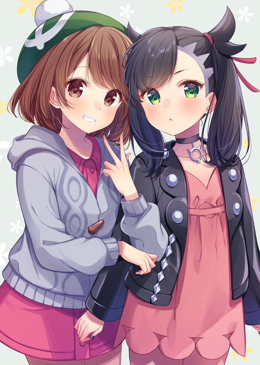 2girls, absurdres, asymmetrical_bangs, black_choker, black_hair, black_jacket, brown_eyes, brown_hair