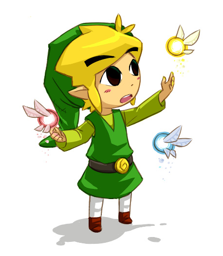 1boy, black_eyes, blonde_hair, ciela, fairy, full_body, green_tunic, hat