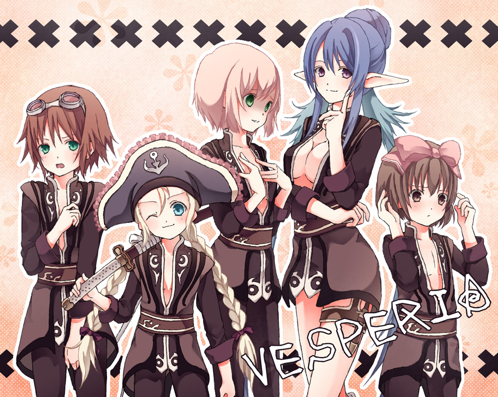 1boy, 4girls, blonde_hair, blue_hair, bow, braid, breast_envy, breasts, brown_hair, cleavage, cosplay, estellise_sidos_heurassein, finger_to_face, goggles, green_eyes, hat, hira_shinki, judith_(tales), karol_capel, karol_capel_(girly), large_breasts, long_hair, looking_at_breasts, medium_breasts, multiple_girls, official_alternate_costume, one_eye_closed, patty_fleur, pink_bow, pink_hair, pointy_ears, purple_eyes, ribbon, rita_mordio, sheath, sheathed, short_hair, smile, sword, taira_shinki, tales_of_(series), tales_of_vesperia, trap, twin_braids, weapon, wink, yuri_lowell, yuri_lowell_(cosplay)