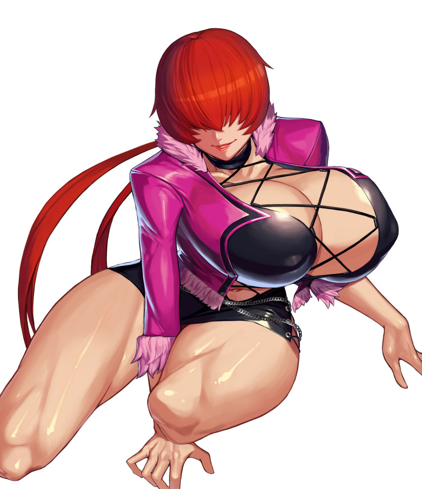 1girl, absurdres, breasts, cleavage_cutout, clothing_cutout, commission, cropped_jacket, curvy, fur-trimmed_jacket, fur_trim, hair_over_eyes, highres, jacket, large_breasts, legs, long_hair, muscular, muscular_female, shermie_(kof), simple_background, snk, solo, split_ponytail, the_king_of_fighters, the_king_of_fighters_xv, thick_thighs, thighs, ti_tentacle