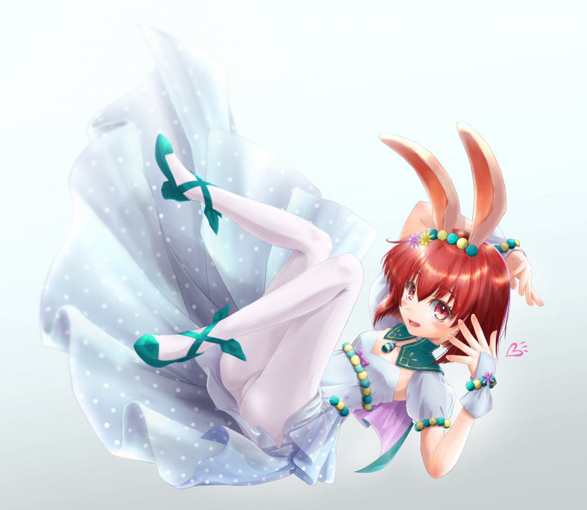 1girl, absurdres, animal_ears, aqua_shoes, blue_background, breasts, detached_collar, detached_sleeves, dress, fake_animal_ears, fire_emblem, fire_emblem:_mystery_of_the_emblem, fire_emblem_heroes, full_body, gloves, gradient_background, heart, highres, jewelry, looking_at_viewer, maria_(fire_emblem), maria_(spring)_(fire_emblem), necklace, nintendo, official_alternate_costume, panties, panties_under_pantyhose, pantyhose, polka_dot, polka_dot_dress, rabbit_ears, red_eyes, red_hair, shoes, short_hair, small_breasts, solo, tomonx, underwear, white_dress, white_gloves, white_pantyhose