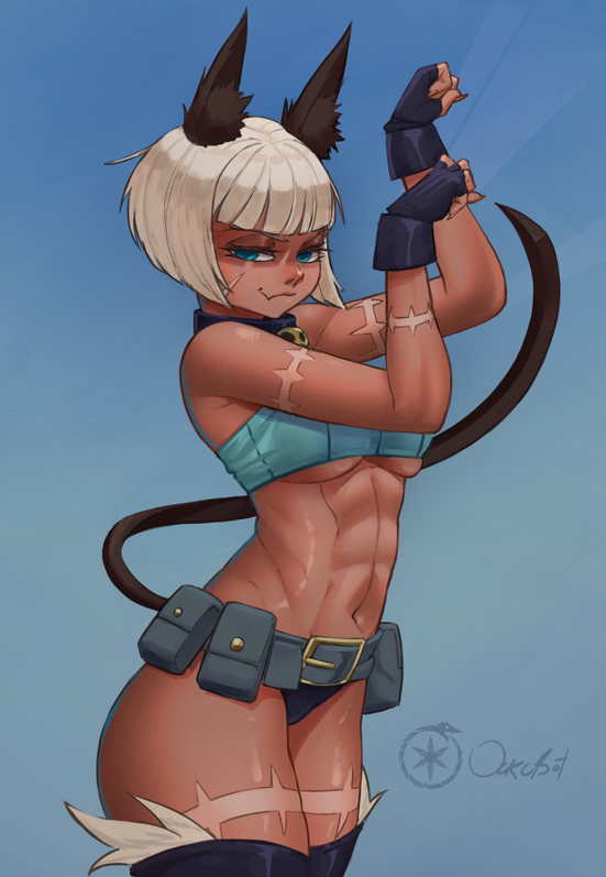 1girl, abs, animal_ear_fluff, animal_ears, bare_shoulders, belt, belt_buckle, belt_pouch