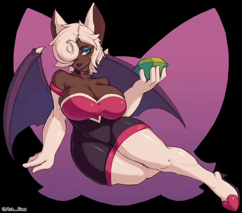 1girl, animal_ears, arm_support, ashsux, bat_ears, bat_girl, bat_wings, black_choker, boots, breasts, chaos_emerald, choker, cleavage, dark-skinned_female, dark_skin, elbow_gloves, eyelashes, eyeshadow, full_body, gloves, green_eyes, high_heel_boots, high_heels, highres, humanization, large_breasts, lips, makeup, mole, mole_under_mouth, rouge_the_bat, sitting, solo, sonic_(series), thigh_boots, thighhighs, twitter_username, very_dark_skin, white_gloves, white_hair, white_thighhighs, wings