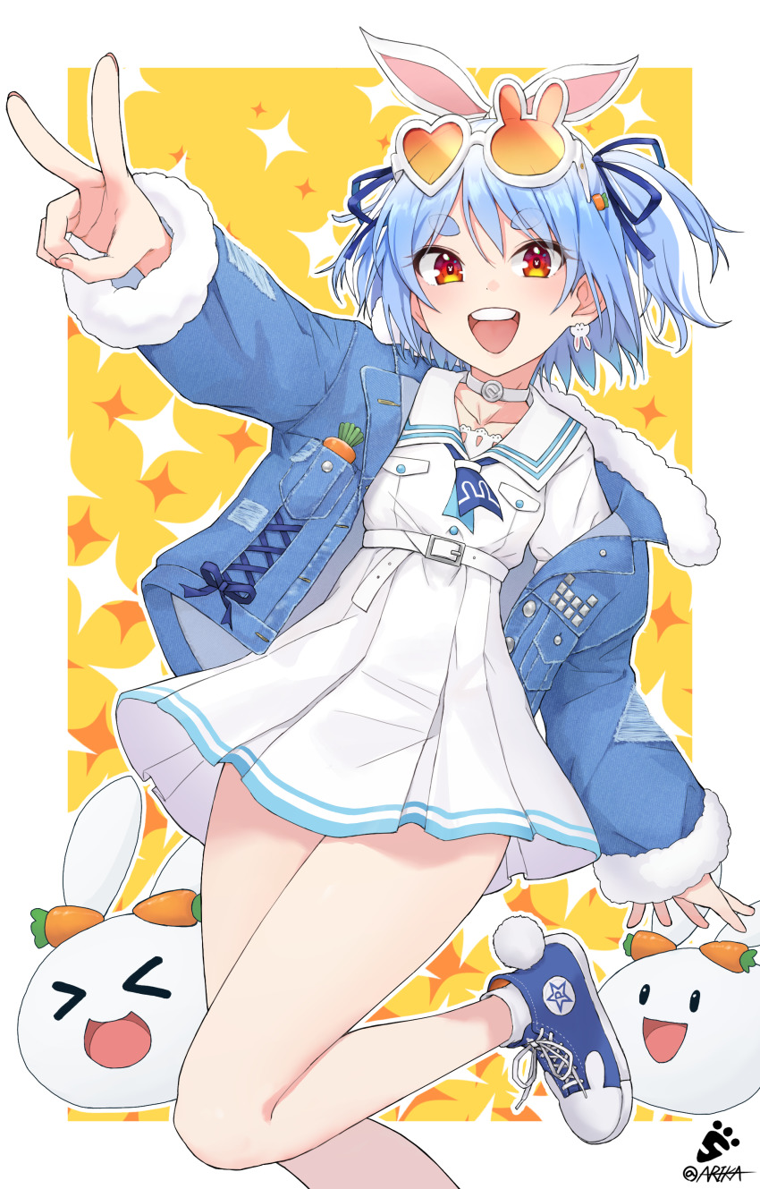 1girl, absurdres, alternate_costume, animal_ears, arikacoco, belt, blue-footed_booby, blue_hair