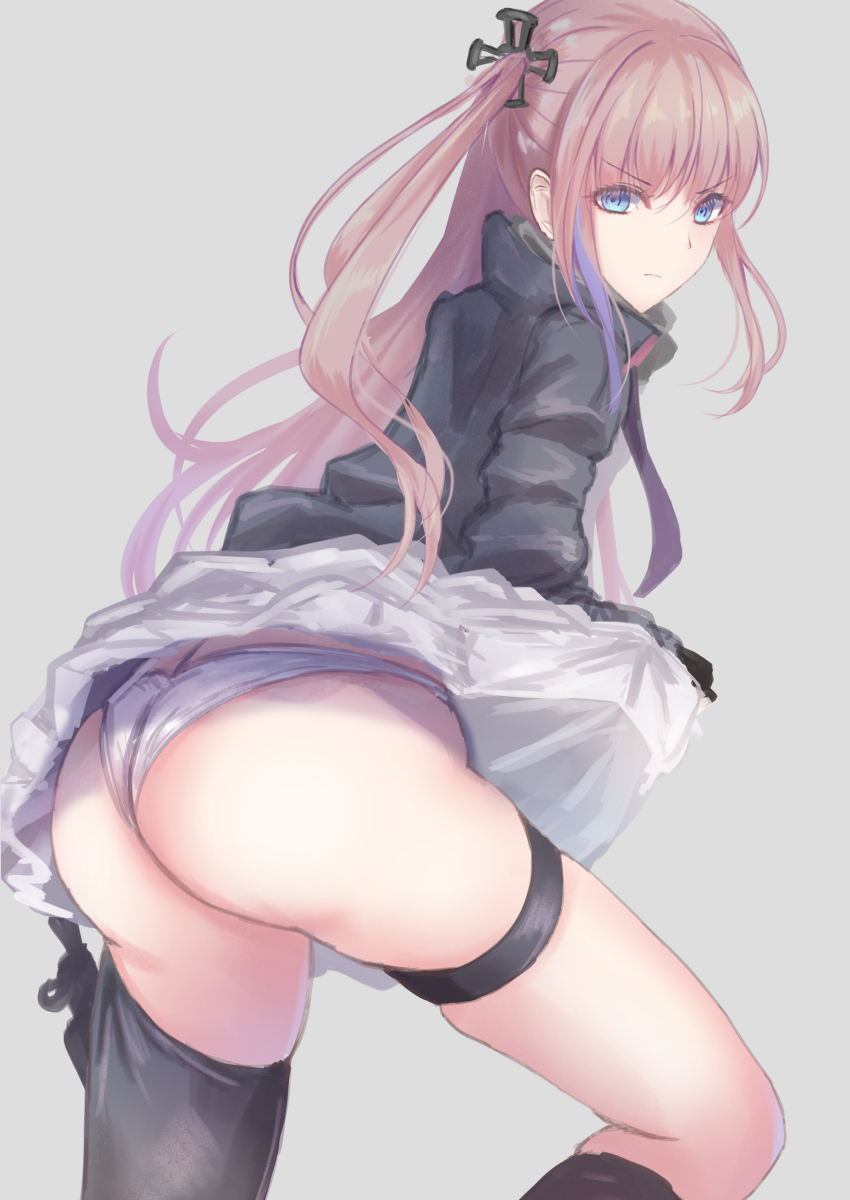 >:(, 1girl, absurdres, ar-15, ass, asymmetrical_legwear, black_dress, black_gloves