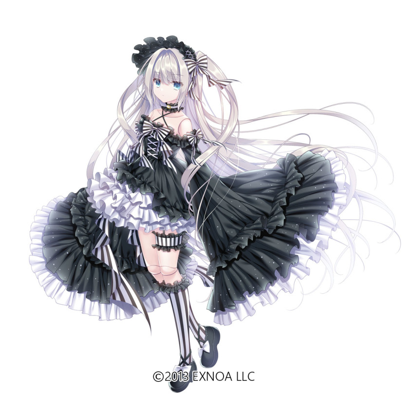 1girl, 2013, bare_shoulders, black_headwear, black_shoes, black_sleeves, blue_eyes, bow, buckle, choker, collarbone, commentary_request, criss-cross_halter, detached_sleeves, doll_joints, dress, footwear_bow, frilled_choker, frilled_dress, frilled_socks, frilled_thigh_strap, frills, full_body, gothic_lolita, hair_bow, hair_intakes, hair_ornament, halter_dress, halterneck, headdress, highres, joints, kneehighs, lolita_fashion, long_hair, looking_at_viewer, official_art, one_side_up, ruin_(sennen_sensou_aigis), sennen_sensou_aigis, shoes, silver_hair, simple_background, sleeves_past_fingers, sleeves_past_wrists, socks, solo, striped_bow, striped_clothes, striped_socks, tanihara_natsuki, thigh_strap, two-tone_dress, very_long_hair, white_background, wide_sleeves