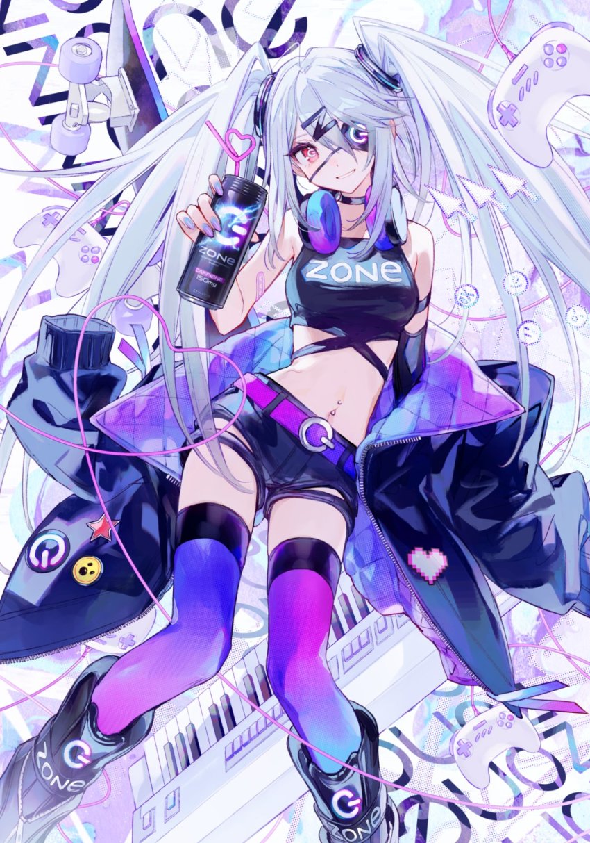 1girl, ahoge, asymmetrical_legwear, bandaid, bandaid_on_arm, bare_shoulders, belt, black_choker